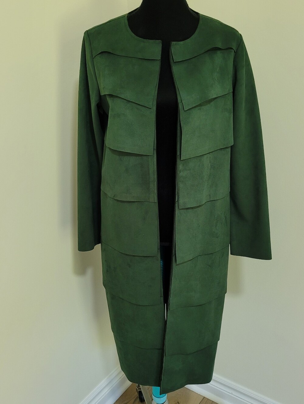 Tahari Women's Faux Suede Tiered Overlay Open-Front Duster Jacket Small Green